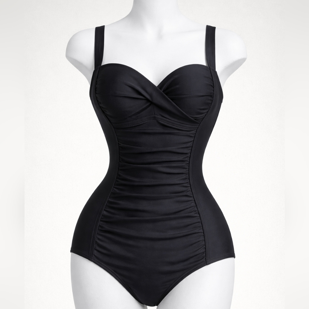 Merona Black Ruched One-Piece Swim Bodysuit with Molded Cups